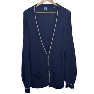 Gap 1990's Navy White XL Cotton Cable Knit Collegiate Preppy Cardigan Sweater